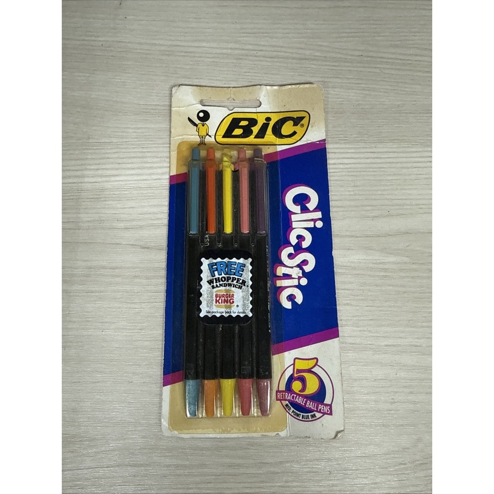 Vintage 1991 Bic Clic Stic 5 Pack Pens, Blue Ink, Neon Bodies, Medium Point